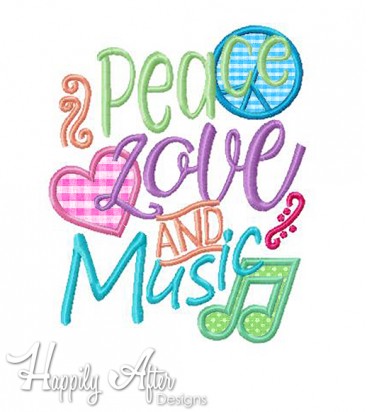 Peace Love And Music Applique Embroidery Design 